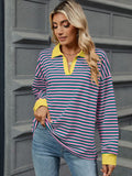 MQTIME  -  Striped Johnny Collar Long Sleeve Sweatshirt