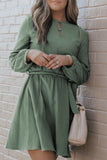 MQTIME  -  Round Neck Long Sleeve Tie Waist Dress