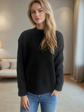 MQTIME  -  Round Neck Drop Shoulder Long Sleeve Sweater