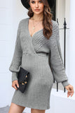 MQTIME  -  Cable-Knit Surplice Lantern Sleeve Sweater Dress