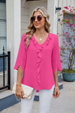 MQTIME  -  Ruffled V-Neck Three-Quarter Sleeve Blouse