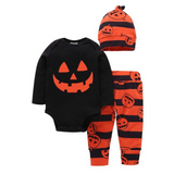 Mqtime New Halloween Baby Boy’s Clothes Sets Stripe Skull Pattern Long Sleeve Jumpsuit Long Pants Hat Toddler Baby 3Pcs Outfits 0-24M