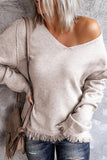 MQTIME  -  Exposed Seam Fringe Hem V-Neck Long Sleeve Sweater