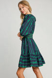 MQTIME  -  Ribbon Print Frill Contrast Velvet Trim Half Sleeve Dress