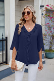 MQTIME  -  Ruffled V-Neck Three-Quarter Sleeve Blouse