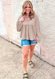 MQTIME  -  Corded Johnny Collar Long Sleeve Babydoll Blouse