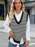 MQTIME  -  Slit V-Neck Striped Sweater Vest