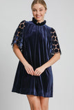 MQTIME  -  Dotted Lace Half Sleeve Mock Neck Back Tie Velvet Dress