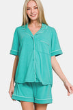 MQTIME  -  Zenana Button Down Short Sleeve Top and Shorts Lounge Set