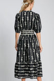 MQTIME  -  Umgee Bow Tie Print Notched Contrast Velvet Trim Midi Dress