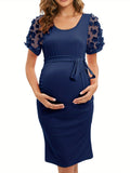 Mqtime Stylish Peach Maternity Dress with Floral Mesh Overlay, Sheer Short Sleeves, and Crew Neck - Summer Casual Slim Midi for Pregnant Women, Machine Washable Polyester