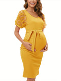 Mqtime Stylish Peach Maternity Dress with Floral Mesh Overlay, Sheer Short Sleeves, and Crew Neck - Summer Casual Slim Midi for Pregnant Women, Machine Washable Polyester