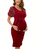 Mqtime Stylish Peach Maternity Dress with Floral Mesh Overlay, Sheer Short Sleeves, and Crew Neck - Summer Casual Slim Midi for Pregnant Women, Machine Washable Polyester