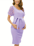 Mqtime Stylish Peach Maternity Dress with Floral Mesh Overlay, Sheer Short Sleeves, and Crew Neck - Summer Casual Slim Midi for Pregnant Women, Machine Washable Polyester