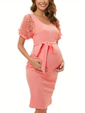 Mqtime Stylish Peach Maternity Dress with Floral Mesh Overlay, Sheer Short Sleeves, and Crew Neck - Summer Casual Slim Midi for Pregnant Women, Machine Washable Polyester