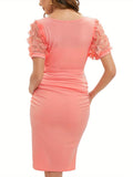Mqtime Stylish Peach Maternity Dress with Floral Mesh Overlay, Sheer Short Sleeves, and Crew Neck - Summer Casual Slim Midi for Pregnant Women, Machine Washable Polyester