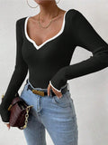 MQTIME  -  Contrast Trim Long Sleeve Knit Top