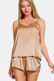 MQTIME  -  V-Neck Satin Cami and Elastic Waist Shorts Lounge Set
