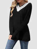 MQTIME  -  Lace Detail V-Neck Long Sleeve T-Shirt