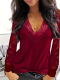 MQTIME  -  Full Size Lace Detail V-Neck Long Sleeve Blouse