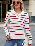 MQTIME  -  Striped Johnny Collar Long Sleeve Sweater
