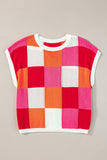 MQTIME  -  Contrast Plaid Round Neck Cap Sleeve Sweater
