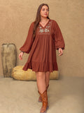 MQTIME  -  Plus Size Embroidered Tie Neck Balloon Sleeve Mini Dress