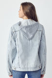 MQTIME  -  Full Size Distressed Drawstring Hooded Denim Jacket