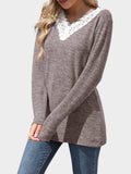 MQTIME  -  Lace Detail V-Neck Long Sleeve T-Shirt