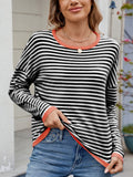 MQTIME  -  Striped Contrast Round Neck Long Sleeve Sweater