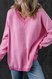 MQTIME  -   Striped V-Neck Dropped Shoulder Sweater