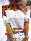 MQTIME  -  Leopard Color Block Round Neck Long Sleeve Sweater
