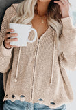 MQTIME  -  Distressed Zip Up Drawstring Hooded Cardigan