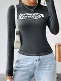 MQTIME  -  Letter Graphic Round Neck Long Sleeve T-Shirt