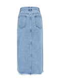 MQTIME  -  Raw Hem Slit Midi Denim Skirt