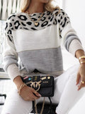 MQTIME  -  Leopard Color Block Round Neck Long Sleeve Sweater
