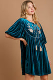 MQTIME  -  Umgee Embroidered Half Sleeve Velvet Mini Dress with Tassel