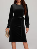 MQTIME  -  Round Neck Tie Waist Long Sleeve Velvet Dress