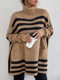 MQTIME  -  Striped Turtleneck Batwing Sleeve Sweater with Pockets