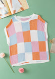 MQTIME  -  Contrast Plaid Round Neck Cap Sleeve Sweater