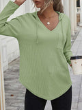 MQTIME  -  Drawstring Waffle Knit Long Sleeve Hooded Top