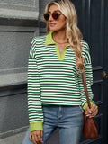 MQTIME  -  Striped Johnny Collar Long Sleeve Sweatshirt