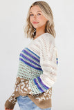 MQTIME  -  Leopard Striped Round Neck Crochet Knit Top