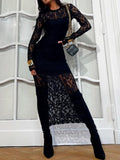 MQTIME  -  Lace Round Neck Long Sleeve Midi Dress