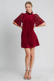 MQTIME  -  Umgee Dotted Lace Half Sleeve Mock Neck Back Tie Velvet Dress