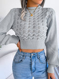 MQTIME  -  Openwork Mock Neck Long Sleeve Cropped Sweater