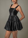 MQTIME  -  Ruched Square Neck Wide Strap Mini Dress