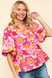 MQTIME  -  Haptics Full Size Frill Floral Puff Sleeve Blouse