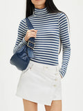 MQTIME  -  Exposed Seam Striped Turtleneck Long Sleeve T-Shirt