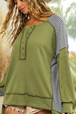 MQTIME  -   Striped Exposed Seam Half Button Sweatshirt